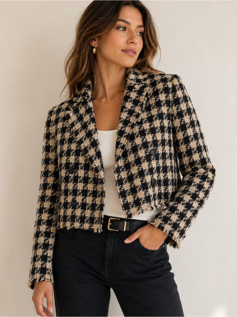 House of Harlow 1960 Black Cream Tweed Cropped Blazer Fringe Jacket S
